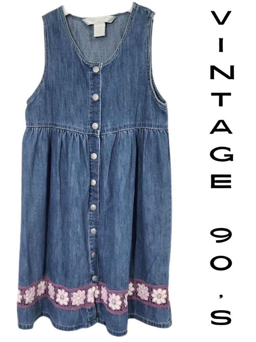 EAGLE'S EYE Vintage 90's Jean Jumper Dress With Crochet Flower Trim Girl's 6/6X